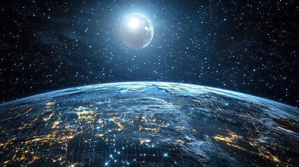 Obraz premium A futuristic AI-generated artificial moon orbits Earth, glowing with synthetic starlight