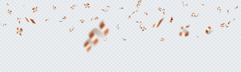 Falling shiny streamer. Bright golden festive tinsel. Golden confetti on transparent background, bright streamer. Vector