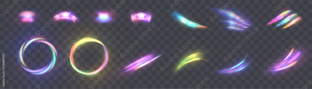 Poster set of bright colorful vector glare and transparent light refraction effects. vector illustration.