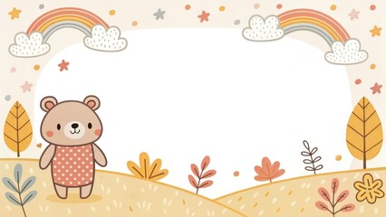 an illustrated image of a cute bear character standing in front of a frame, decorated with rainbows and stars