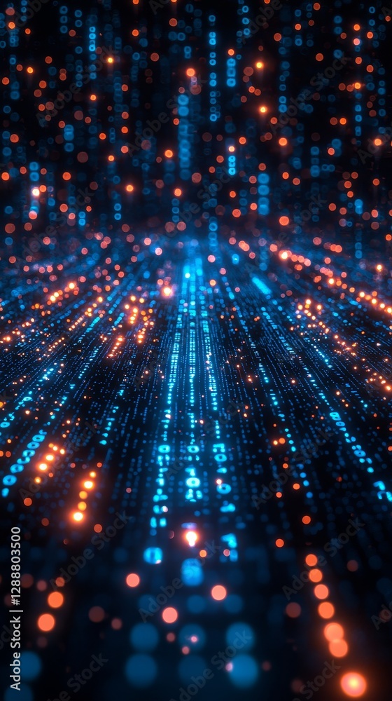 Poster abstract digital data visualization with glowing blue and orange binary code in motion