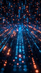 Obraz premium Abstract Digital Data Visualization with Glowing Blue and Orange Binary Code in Motion