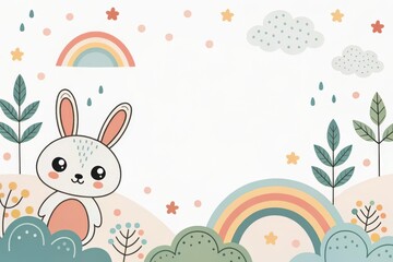 a cute bunny in a whimsical cartoon landscape with rainbow and stars. The scene is filled with pastel colors and a playful atmosphere