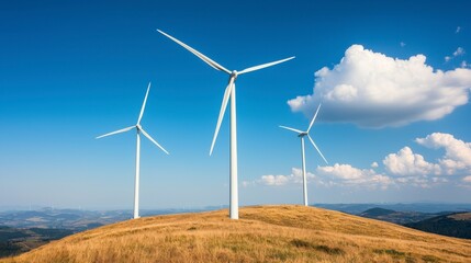 Fototapeta premium Wind Turbines on a Hill Against a Bright Blue Sky