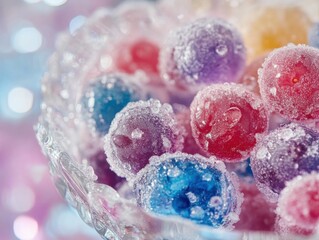 Frosty close-up of frozen mixed berries in a glass bowl, colorful and tempting