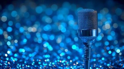 Studio Microphone on Blue Sparkling Background