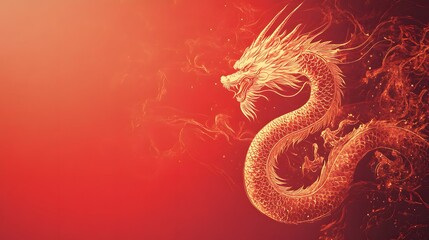 Fototapeta premium Majestic dragon artwork, vibrant red background with swirling smoke, symbolizes strength and mystique, ideal for fantasy themes.