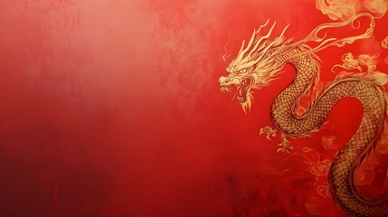 Vibrant red background with golden dragon illustration, perfect for themes of prosperity and cultural celebrations, copy-space available.