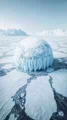 Obraz premium Earth demise Doomsday. Ice dome surrounded by fractured ice in a serene, snowy landscape.