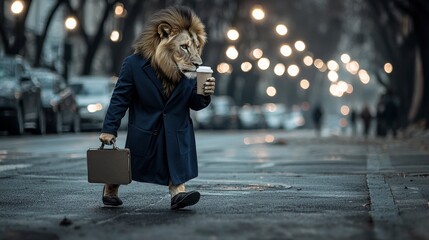 A young lion in a blue coat crossing the street urban setting photography evening lights unique perspective
