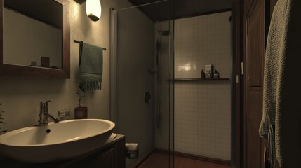 Simple bathroom design with a pedestal sink, a brushed nickel faucet, and a small shower with a sliding door.