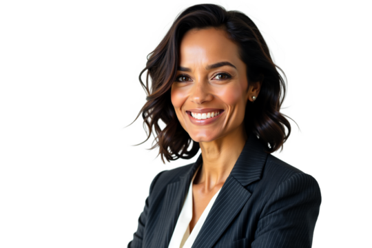 Confident smiling professional african-american businesswoman in suit on white background. Ideal for corporate portraits, leadership, and business communications. Isolated on transparent background.
