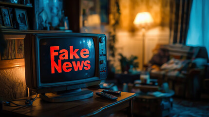 Television displaying bold red Fake News text in a dimly lit living room with a cozy atmosphere