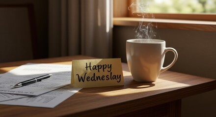 Enjoying Coffee and Happy Wednesday Message in Bright Morning Light