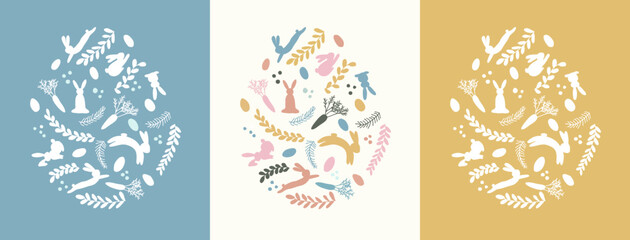 Set of 3 Easter Cards. A big egg shape made of small easter elements. Bunny, rabbit, easter egg. Yellow, blue, fun cards.
