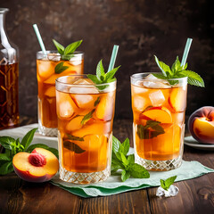 Fototapeta premium Two glasses of iced peach tea on table. Mint leaves, peach slices in glasses 