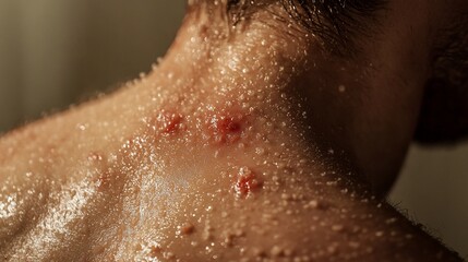 Fototapeta premium Close-up of a man's neck with shingles rash and blisters in various stages