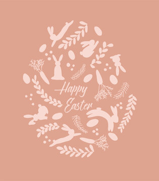 Easter card, an ester egg made from rabbits, eggs and florals with a Happy Easter sign in it. Simple, stylish Easter design.

