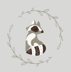 Sitting raccoon, simple illustration for children. Wild animal. Forest animal. 
