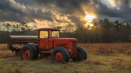 Rusty tractor in field at sunset