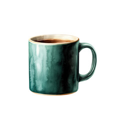 Green ceramic mug on black background with unique design and texture details visible isolated on transparent background..
