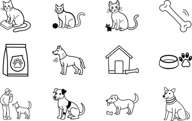 Cat and Dog Icons Pets, Food, Toys, House, Care