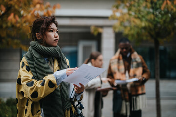 Diverse team of individuals engaging in outdoor collaboration. They are working with notes and discussing ideas while standing among greenery and fall surroundings, showcasing teamwork and diversity.