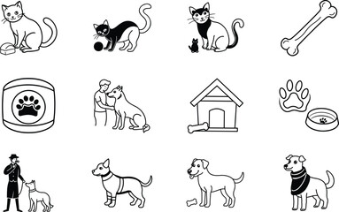 Pet Care Icons Dogs, Cats, Food, Shelter, and Accessories