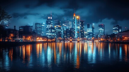 Fototapeta premium Nighttime city view with glowing buildings and shimmering reflections on water