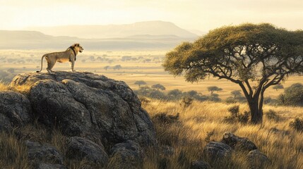 Naklejka premium The Serengeti savannah bathed in warm morning light, with a lone lion surveying its territory from a rocky outcrop.