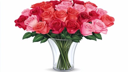 Roses bouquet in glass vase, white background, gift