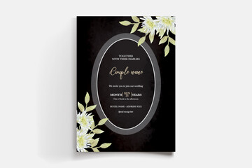 WEDDING INVITATION FRAME WITH FLOWER DECORATIONS AND FRESH LEAVES 