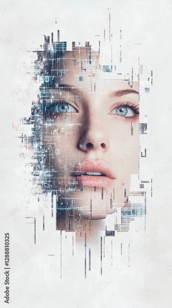 Poster Digital manipulation of a woman's face with a futuristic vision effect created by overlaying digital circuitry, symbolizing the integration of technology and human perception