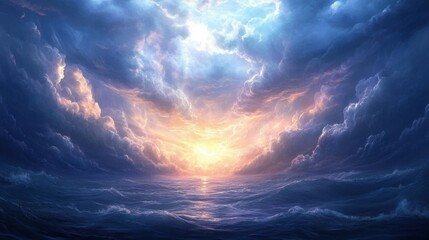 Fototapeta premium The sky dark and rainy, but sunlight breaking through the clouds, creating a dynamic and awe-inspiring scene.