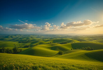 Fototapeta premium Rolling Green Hills Under a Blue Sky