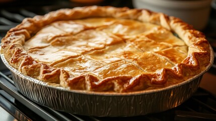 Homemade Golden Brown Pie with Flaky Crust on Kitchen Counter