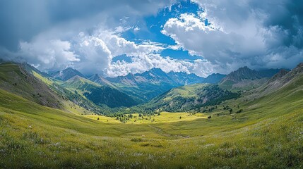 Obraz premium Majestic wide-angle mountain range with intense clouds and vibrant sky