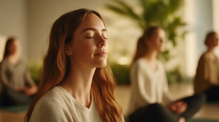 Mindfulness and meditation session in a bright corporate environment for mental wellbeing