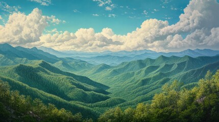 Fototapeta premium The view from Clingmans Dome, showcasing the verdant peaks of the Smoky Mountains under a brilliant spring sky.