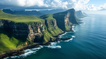 Dramatic Coastline View: Lush Green Cliffs Meeting the Turquoise Ocean