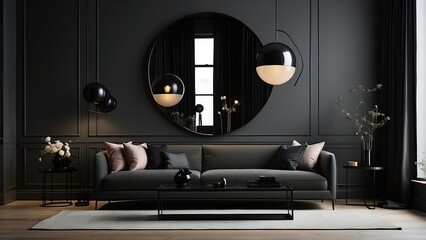 A minimalistic interior features a blank white canvas mounted on a dark gray wall