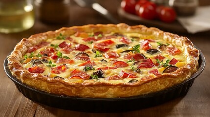 Freshly Baked Savory Quiche with Colorful Vegetables and Herbs