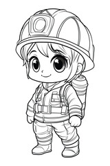 Firefighter in protective gear holding a hose, ready to extinguish fires. Simple and detailed design for coloring.