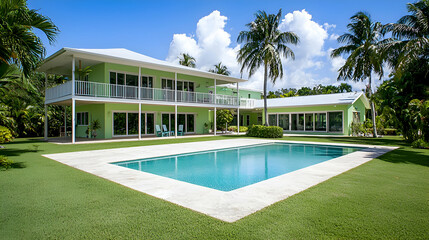 Fototapeta premium Modern Green House with Swimming Pool and Palm Trees