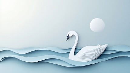 Obraz premium Elegant Swan Paper Art Illustration with Serene Blue Water Layers