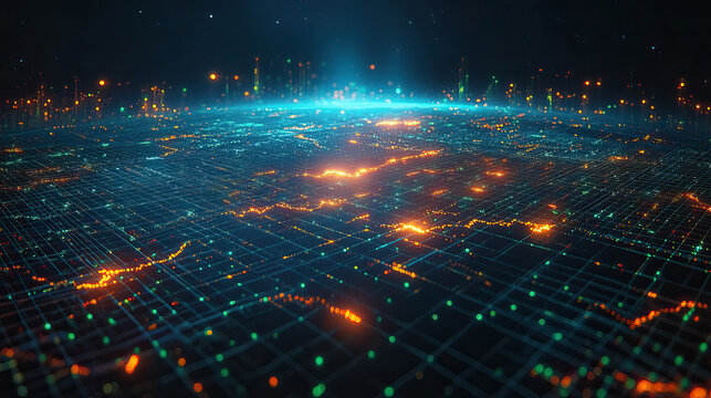 Futuristic digital data network concept with glowing connections and city lights