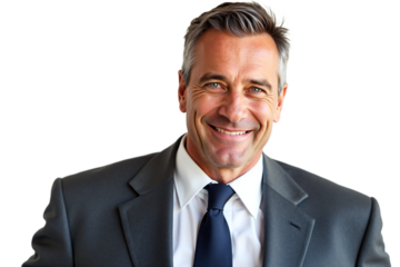 Professional headshot of mature businessman smiling slightly in suit, isolated on transparent background. Ideal for corporate profile, leadership bio, website about us page.