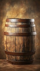 Obraz premium Rustic wooden barrel with metal bands on wooden surface, warm vintage lighting. Traditional craftsmanship and storage concept