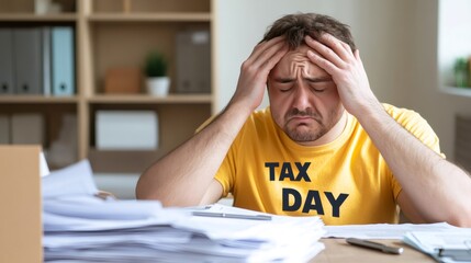 Stressed accountant suffering from headache while calculating taxes on tax day