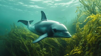 Obraz premium Underwater view of a vaquita among swaying seaweed, blending with its natural marine habitat.